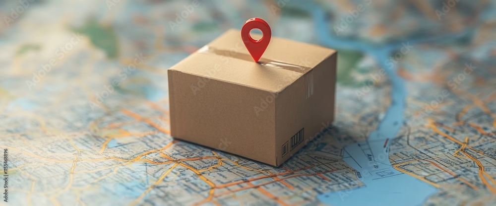 Poster a cardboard box with a location pin on a map, symbolizing delivery and logistics.
