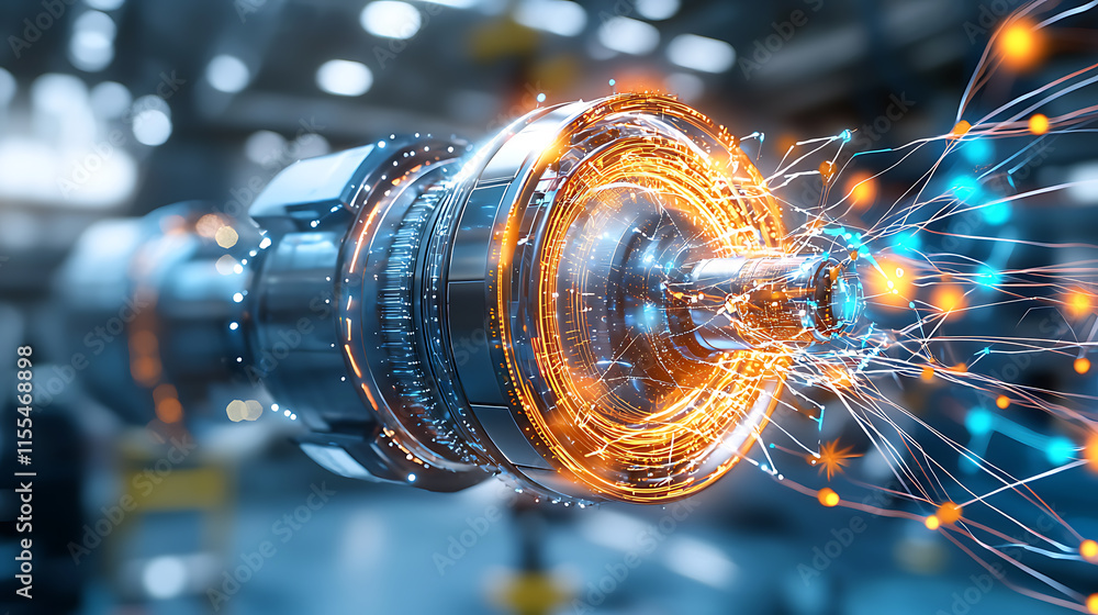 Poster dynamic industrial engine component with electrical sparks factory setting 3d visualization technolo