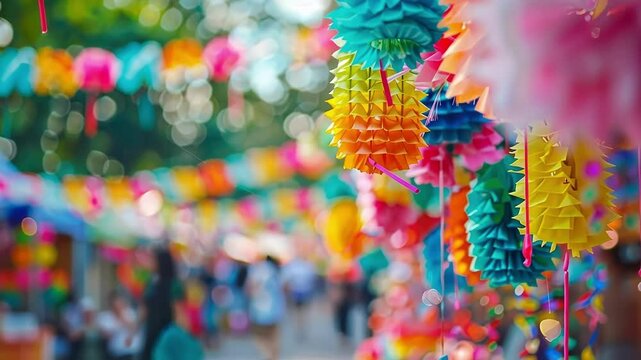 A blurry mix of colorful props and decorations adding to the carnivallike atmosphere of the school fair.