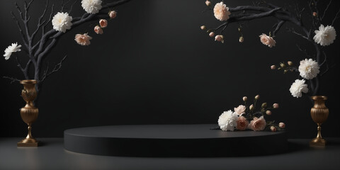 Dark elegant podium scene for product presentation with realistic decorative flowers and branches still life style. professional product display placement template