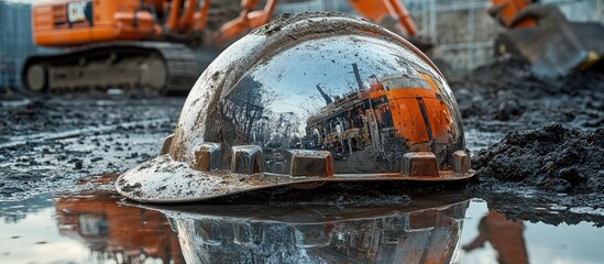 Fototapeta premium Muddy Hard Hat Reflecting Construction Site