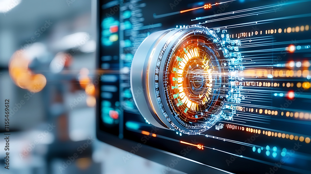 Poster innovative digital data processing technology futuristic lab digital art cyber environment close-up 