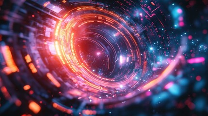 Abstract Futuristic Technology Tunnel: Neon Lights and Digital Data Streams