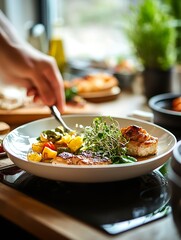 Hand Finishing Gourmet Dish with Roasted Chicken and Green Vegetables for Meal Service : Generative AI