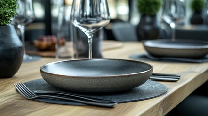 Elegant Dark Gray Dinnerware Setting on Rustic Wooden Table