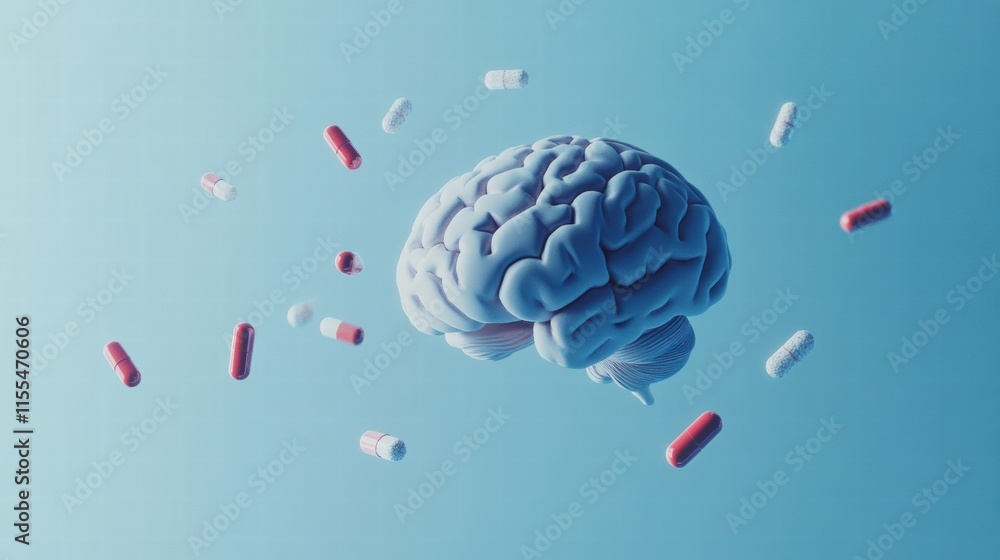 Poster Exploring the relationship between the human brain and medication through 3D modeling of a brain with various pills. Generative AI