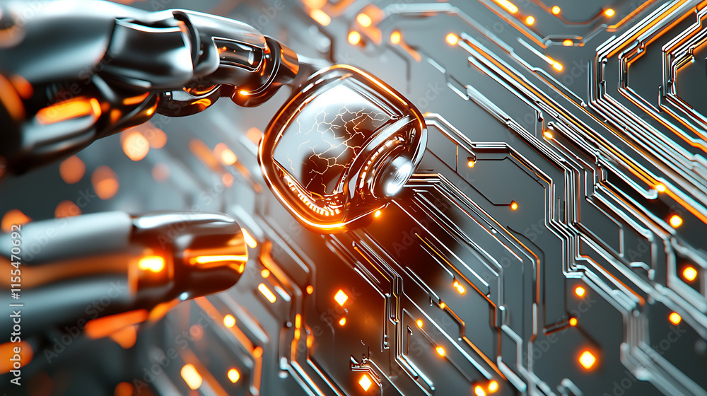 Poster futuristic robotic hand interacting with microchip technology digital lab close-up perspective innov