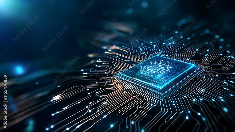 Poster innovative microchip design event technology lab digital art cyber environment aerial view futuristi