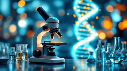 Close-up of a microscope on a background of laboratory equipment and macro image of DNA in an animated style. The concept of innovative medical technology.