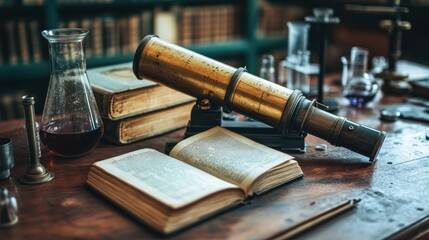 Obraz premium Antique telescope, books, and scientific instruments on a wooden desk in a library.