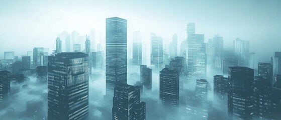 A misty urban landscape showcasing skyscrapers shrouded in fog.