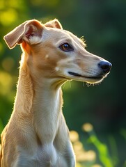 Obraz premium Elegant Whippet in Lush Sunlit Garden Radiating Grace and Tranquility with Nature's Backdrop : Generative AI
