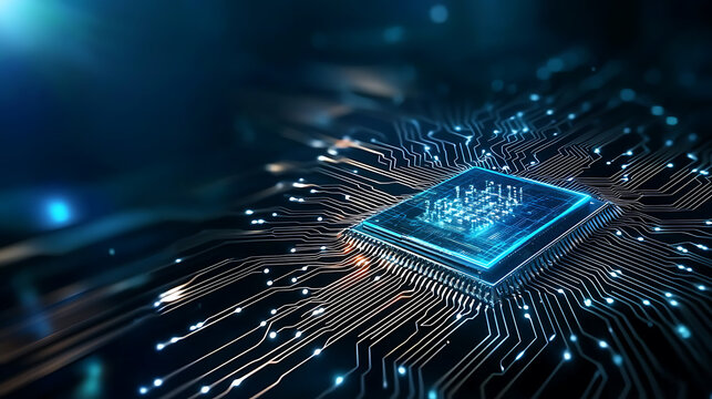 Innovative microchip design event technology lab digital art cyber environment aerial view futuristic concept