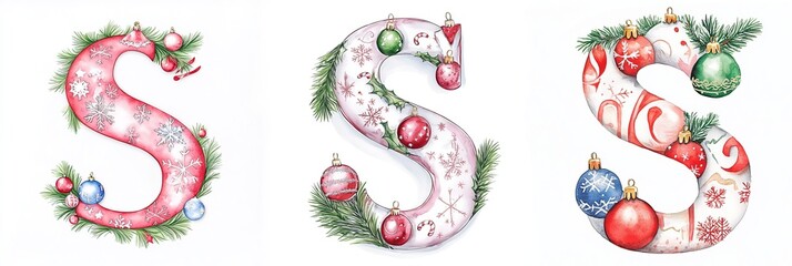 water color illustration of the letter alphabet vibrant concept. Decorative Christmas letters "S" adorned with ornaments and greenery.