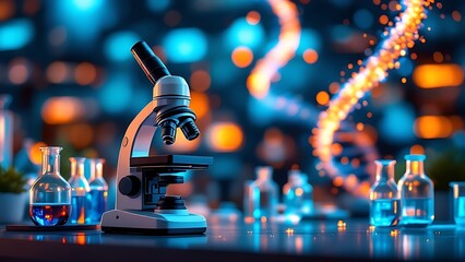 Close-up of a microscope on a background of laboratory equipment and macro image of DNA in an animated style. The concept of innovative medical technology.