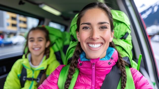 Smiling hispanic female adults enjoy mountain road trip adventure - Powered by Adobe