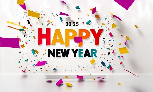 "2025 Happy New Year" texte en anglais lettres color&eacute;es avec explosion de confettis multicolores sur fond blanc, ambiance festive et joyeuse pour c&eacute;l&eacute;brations du Nouvel An