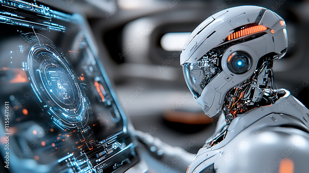 Poster futuristic robot analyzing data advanced laboratory digital art sci-fi environment close-up view tec