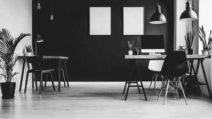 Monochrome modern office interior with two desks, plants, and blank canvases.
