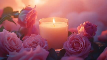 Obraz premium Lit candle surrounded by pink roses at sunset. (1)