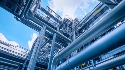 Industrial facility with complex piping and structures under a blue sky.