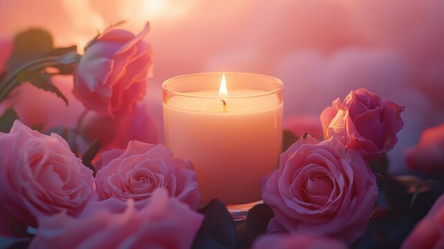 Lit candle surrounded by pink roses at sunset. (1)