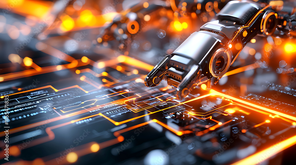 Aufkleber innovative robot arm manipulating circuit boards technology lab digital art futuristic environment c