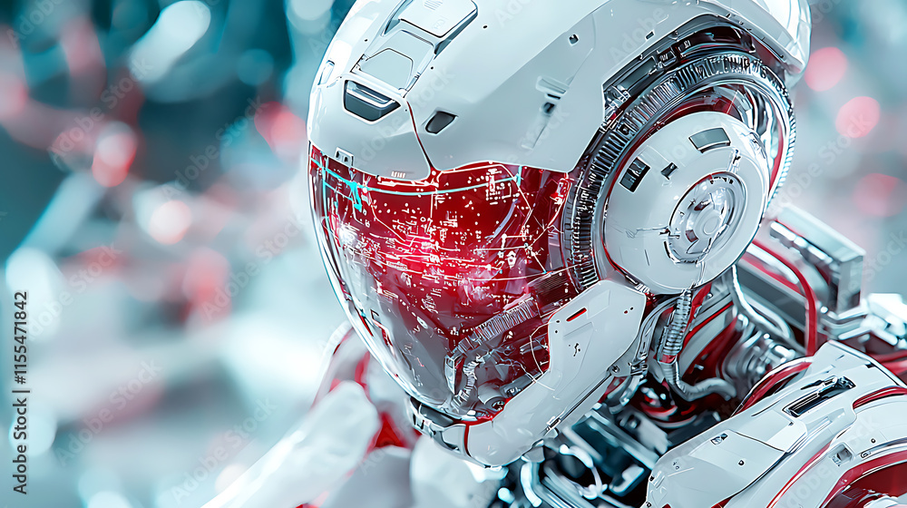 Poster futuristic robot portrait high-tech laboratory digital art sci-fi environment close-up view advanced