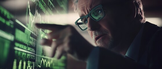 Dynamic Equity Sphere Concept. A focused professional analyzes data on a digital display, emphasizing insights with a pointed gesture in a modern workspace.