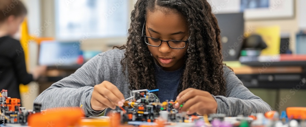 Poster a child builds a robotics project, showcasing creativity and stem learning.