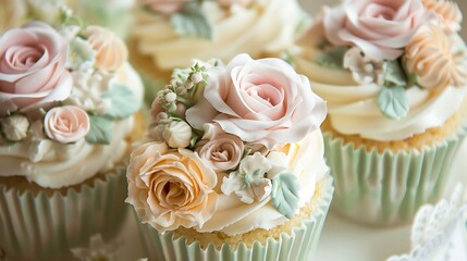 Vintage inspired cupcakes decorated with delicate flowers adding a touch of charm