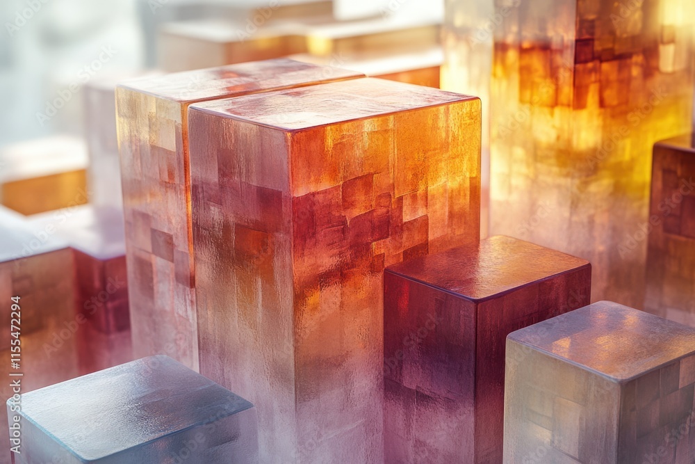 Poster abstract image of translucent, cube-shaped structures in warm, amber and red hues, creating a city-l