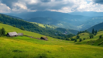 Obraz premium Serene Mountain Valley with Rustic Farmhouses