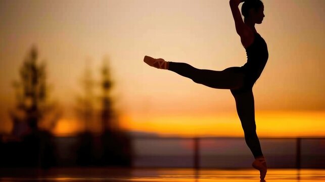 Female dancer silhouette performing ballet at sunset