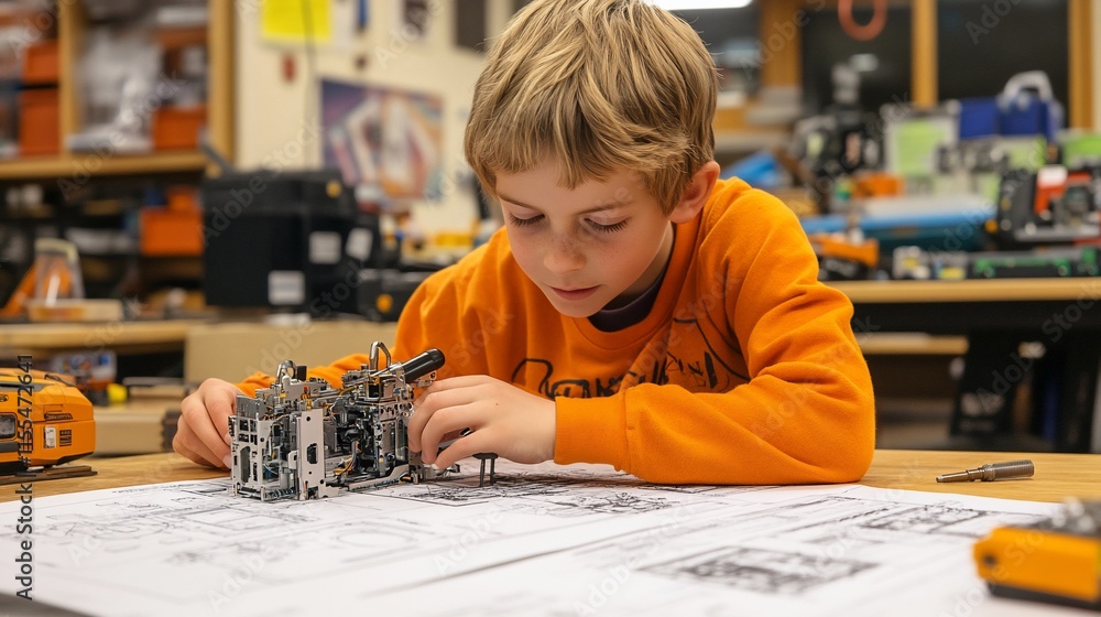 Poster a child focused on assembling a robotic model using blueprints.