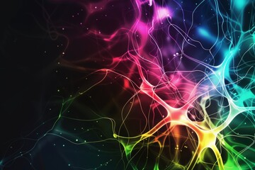 Abstract glowing neuron network with colorful light effects on dark background