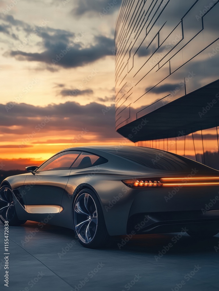 Poster sleek luxury car parked in a modern setting during sunset with stunning reflections on the building.