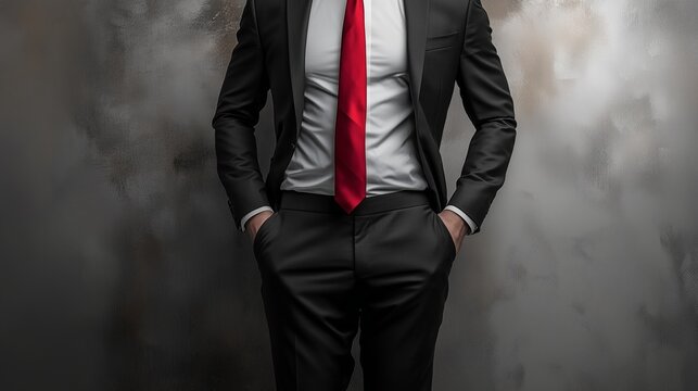 Elegant man in black suit with red tie poses confidently against a textured background