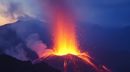 Dramatic Volcanic Eruption at Twilight with Vibrant Lava Streams : Generative AI