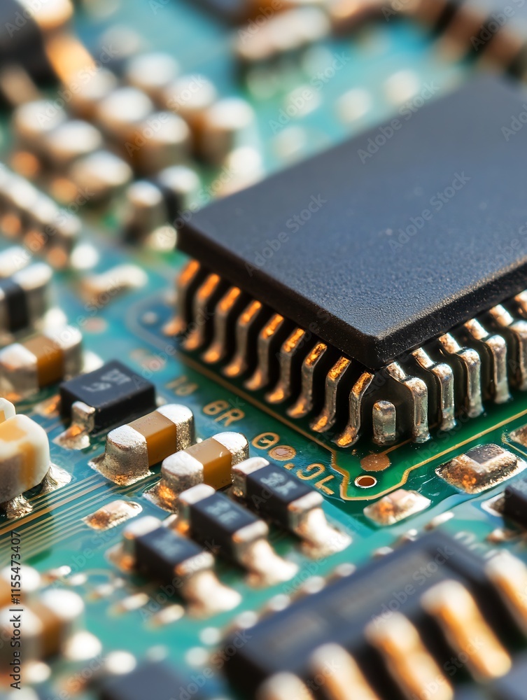 Poster CloseUp of Microchip on Circuit Board with Technical Detail in Electronics : Generative AI