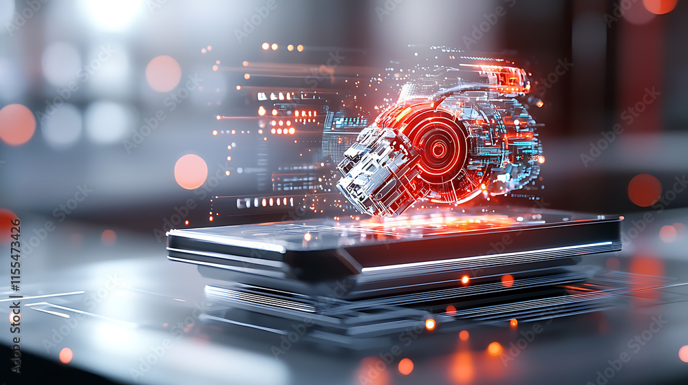 Poster innovative technology demonstration futuristic workspace digital art high-tech environment close-up 