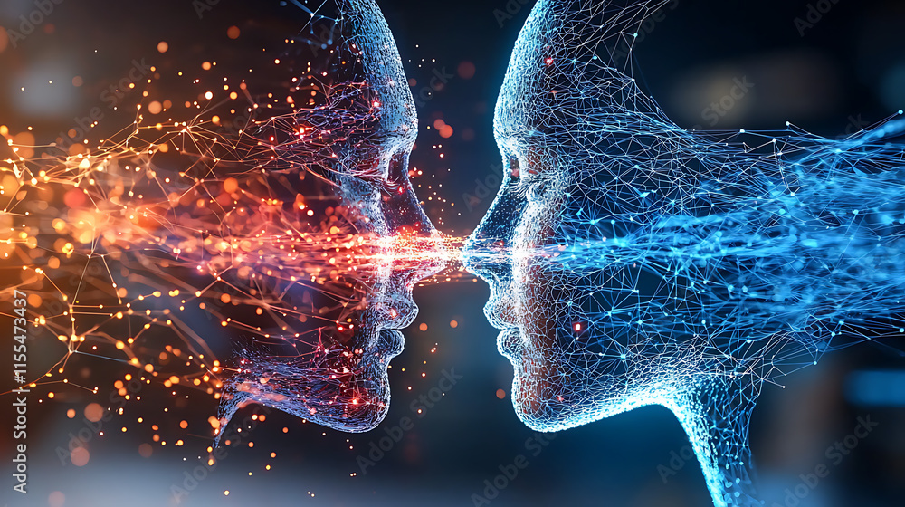 Poster digital interaction between two ai faces virtual space 3d visualization futuristic environment close