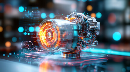 Revolutionary electric motor technology industrial setting digital artwork futuristic environment close-up view innovation showcase