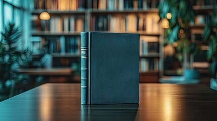 A Luxurious Teal Book on a Dark Wooden Table in a Library Setting