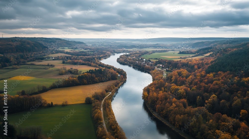 Aufkleber Scenic Autumn River Landscape with Colorful Forests and Clouds Overhead : Generative AI