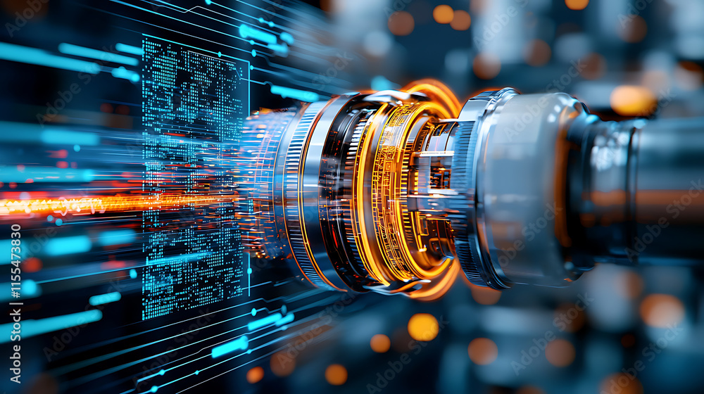 Poster innovative technology event showcasing advanced mechanics in a digital environment with a futuristic