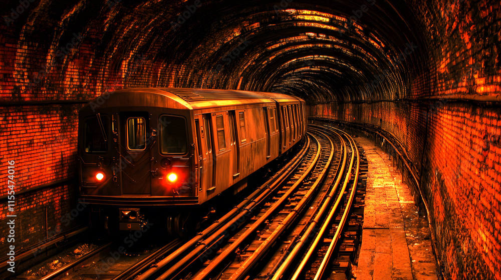 Poster a subway train navigating through a dimly lit, curved tunnel with brick walls
