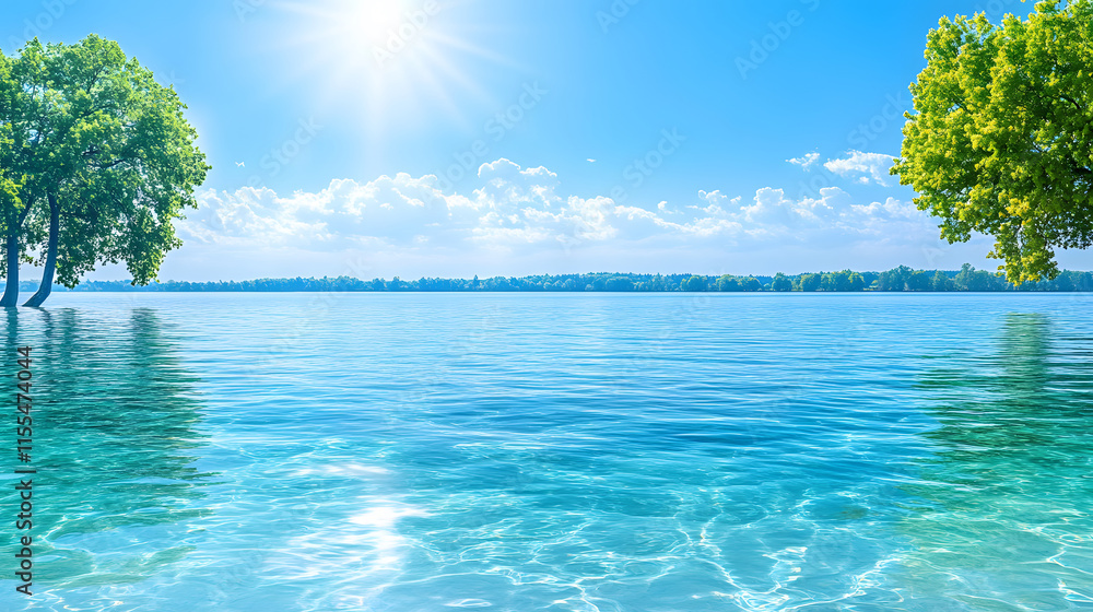 Poster serene lake view with sparkling water and vibrant trees under a bright blue sky