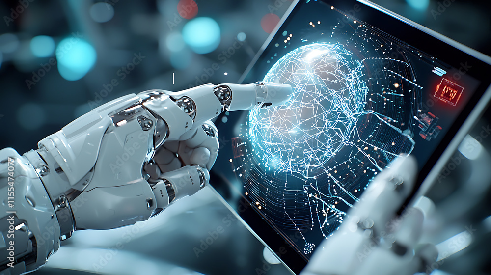 Poster innovative robotics interaction with global connectivity technology lab digital art futuristic envir