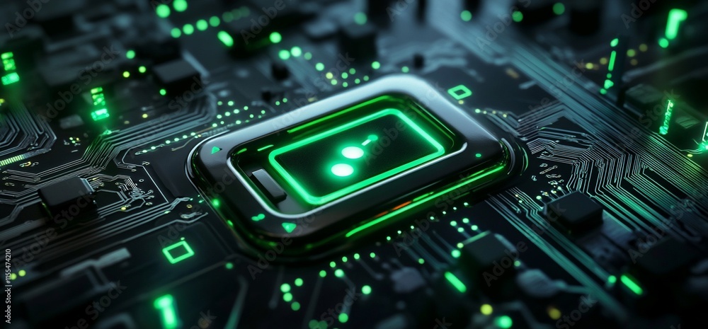 Poster a close-up of a circuit board with glowing green components and intricate details.